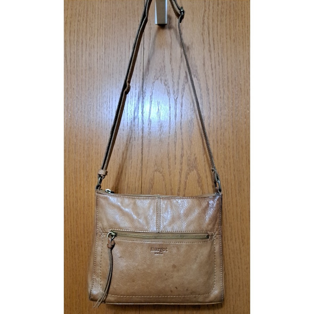 Margot New York Tan Leather Crossbody Bag Purse Small Zip Pocket 10x8x1.5"